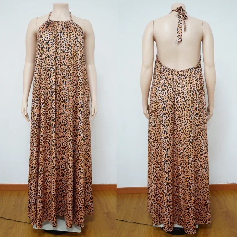 KEXUเสือดาวพิมพ์พลัสขนาดผู้หญิงHalter Backless Big Swingชั้นความยาวMaxiชุด 2024 ฤดูร้อนBeach Boho Holiday Dresses