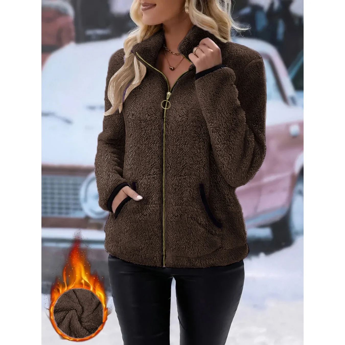 

Autumn Winter New Women's Leisure Jacket Plush Zipper With Pocket Keep Warm Long Sleeves Comfortable Double-sided Fleece Coat