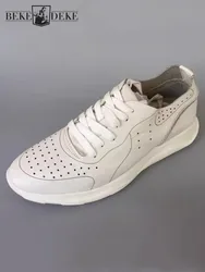 Mens Casual Outside Breathable Cowhide Genuine Leather Sneakers Lace Up Joggers Shoes Spring Comfortable Flats Platform Shoes