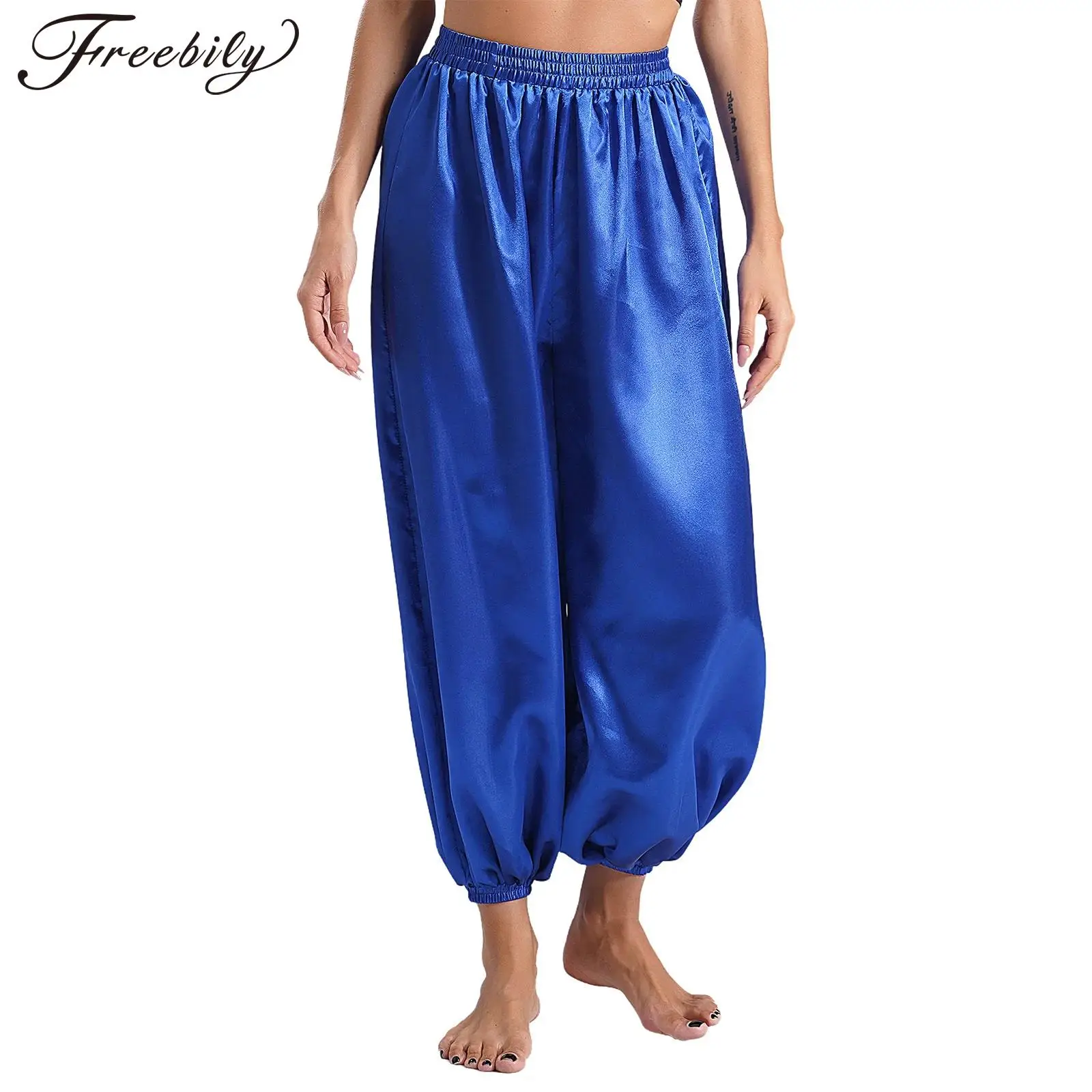 

Women Elastic Waist Indian Dance Belly Dancing Pants Loose Satin Bloomers Halloween Carnival Theme Party Performance Costume