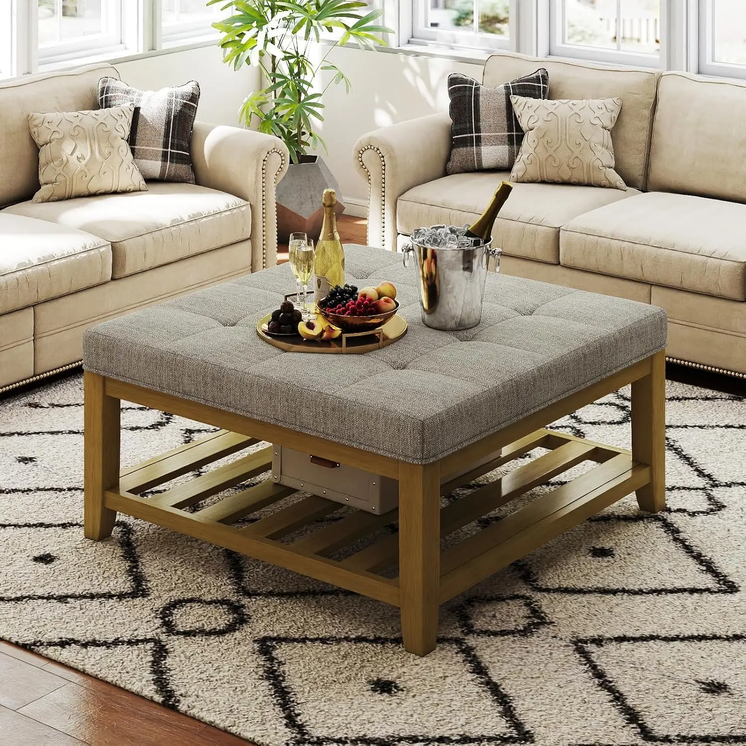 

Large Square Coffee Table, Linen Solid Upholstered Footrest Ottoman with Solid Wood Shelf Storage Tufted, Customized