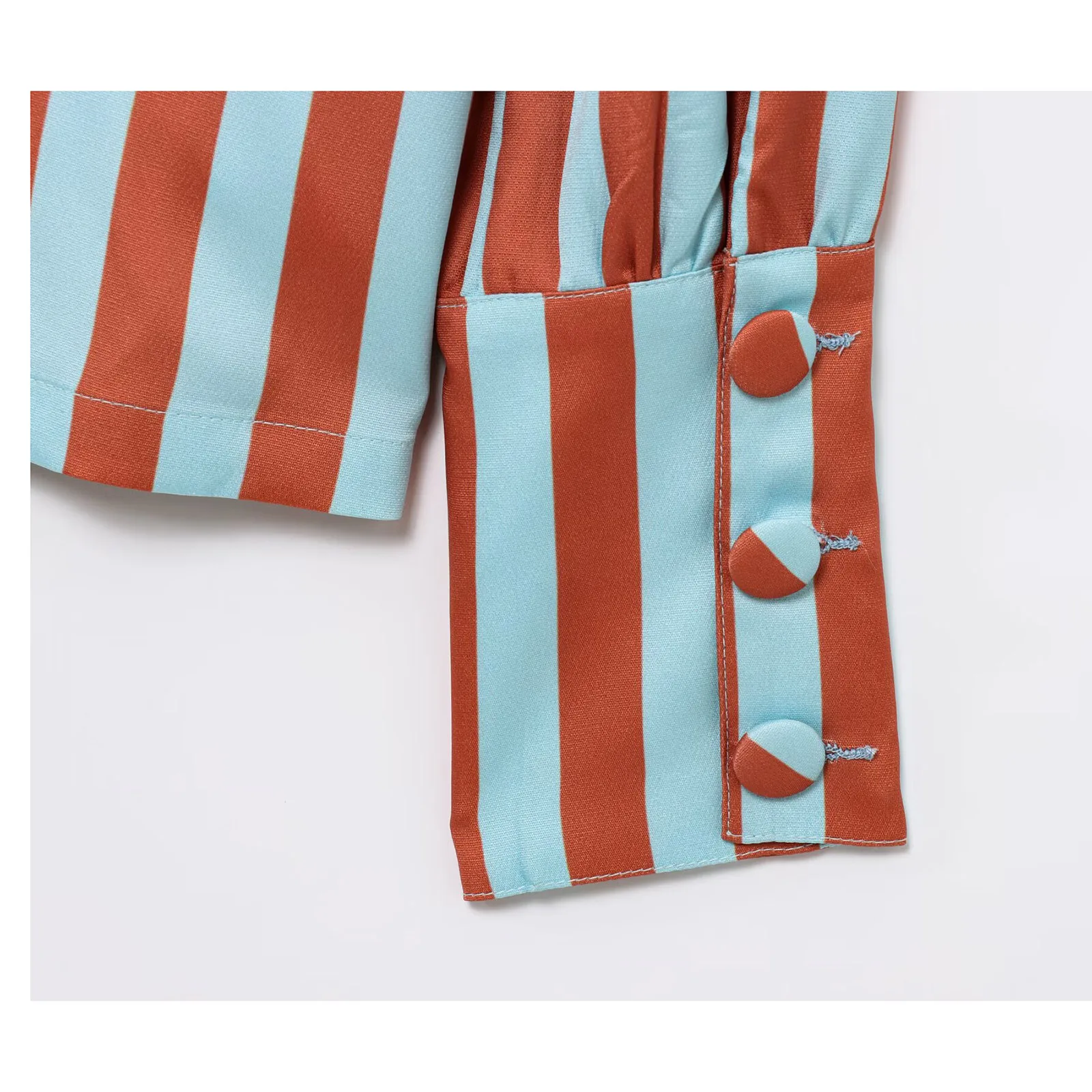 2025 Primavera Verano blusa a rayas para mujer cuello redondo manga larga manga de burbuja con botones camisa Tops elegantes de moda