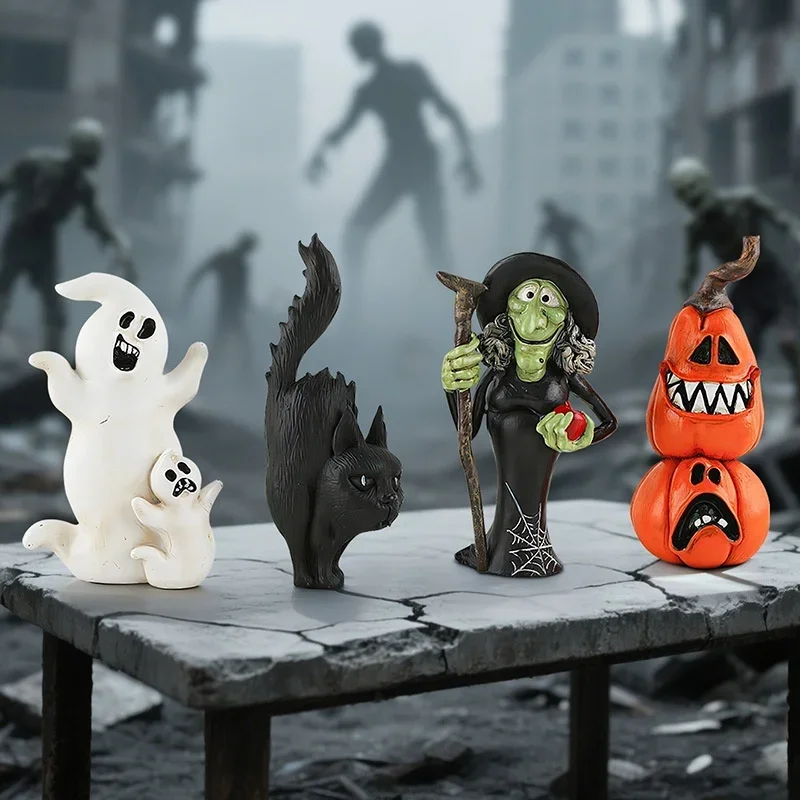 4Pcs Halloween Resin Figurines Set, Witch Black Cat Ghost Pumpkin, Statue Ornaments Home Desktop Party, Decor Gift For Kids Adul