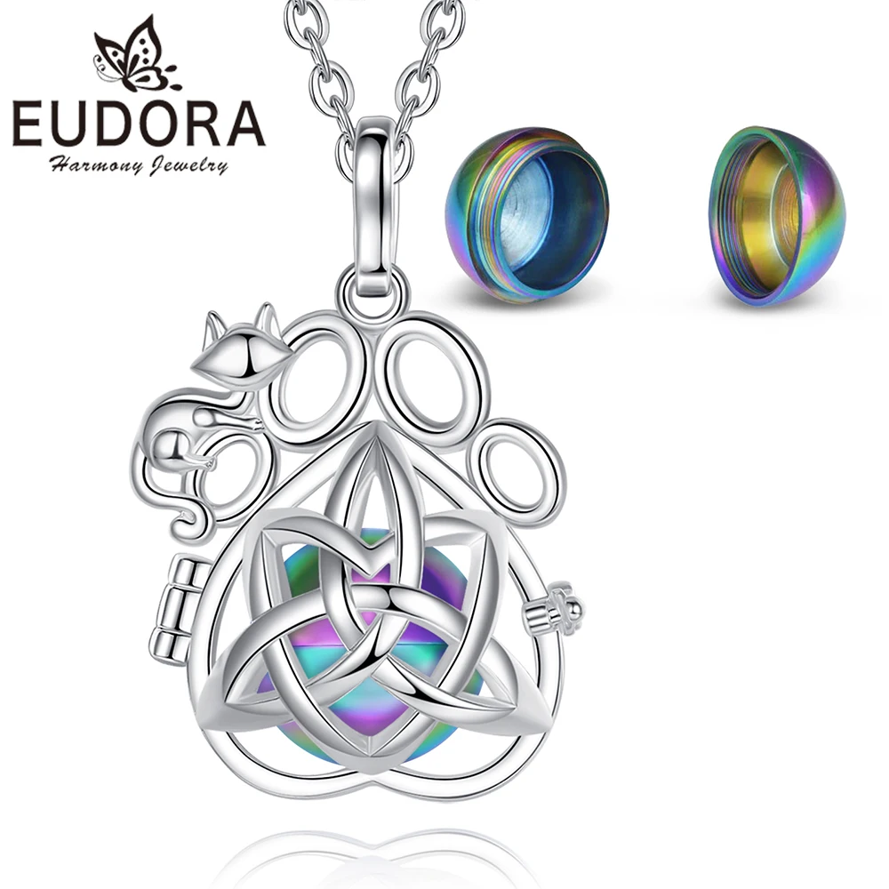 EUDORA Urn Cremation Pendant 14mm Cat Foot Cage Locket Ash Holder Keepsake Capsule Celtic knots Necklace Hollow Ball DIY Jewelry