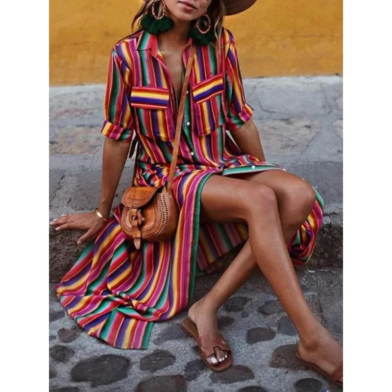 Tinaa Bohemia Striped Women's Dresses 2025 Casual Loose Fit Lapel Short Sleeve Button Down Holiday Vacation Long Dress 178054