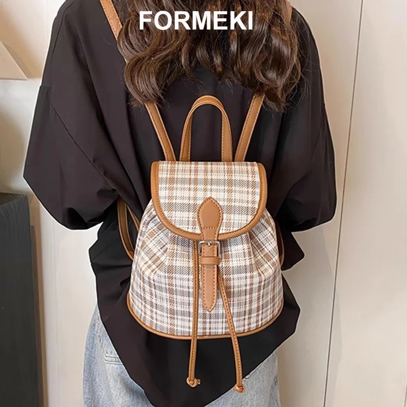 Formeki New Women Bag Backpack Plaid Retro School Style Mixed Color All Match Casual Bag