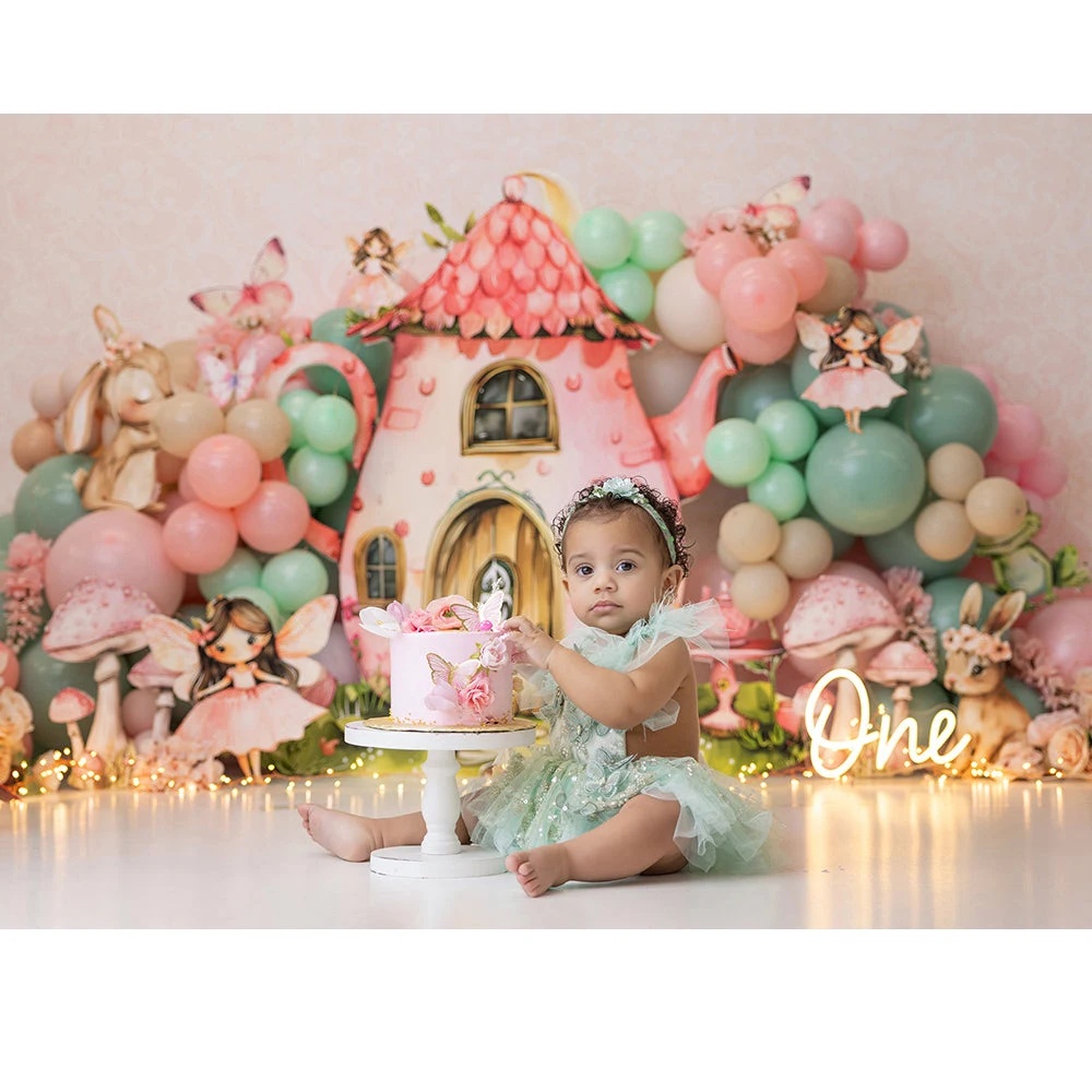 Fada primeiro chá festa pano de fundo para fotografia princesa menina bolo quebra fundos cogumelos rosa flores photo studio adereços