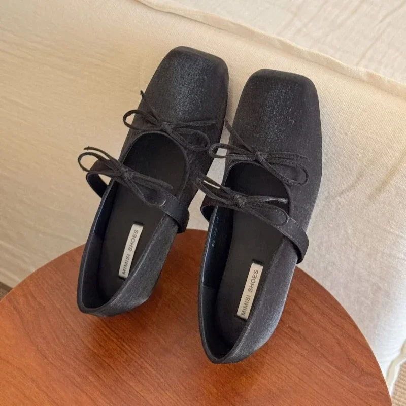 

Women's Mary Jane Shoes Flat Sole Bow Square Toe Shoes Women Dress Leisure Satin 4cm Internal Height Sweet Zapatillas De Mujer