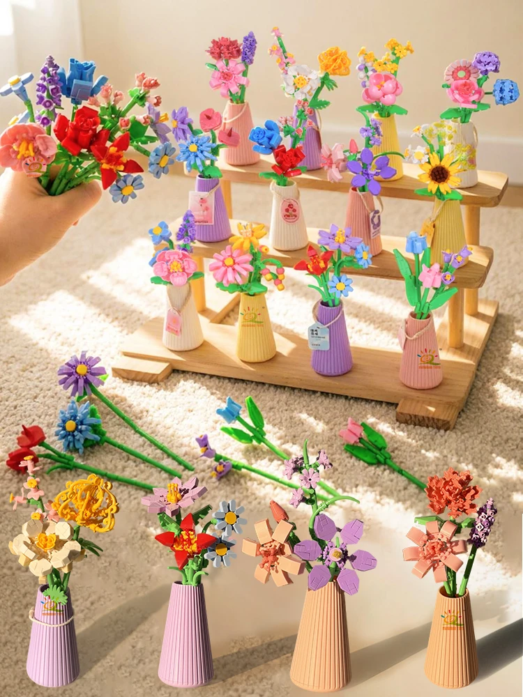 HUIQIBAO MOC Eeuwig Bloemboeket met pot Micro Bouwsteen Zonnebloem Rose Mini Model Baksteen Speelgoed thuis Bureau Decoratie - afbeelding 2
