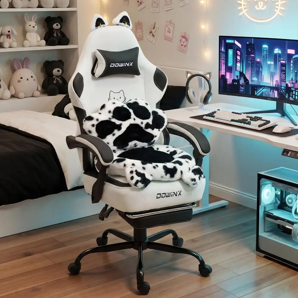 Ergonomic Reclining Gaming Chair with Cat Ears & Paw Lumbar Pillow, Memory Foam Cushion, 300lbs Capacity, Cute & Comfortable for