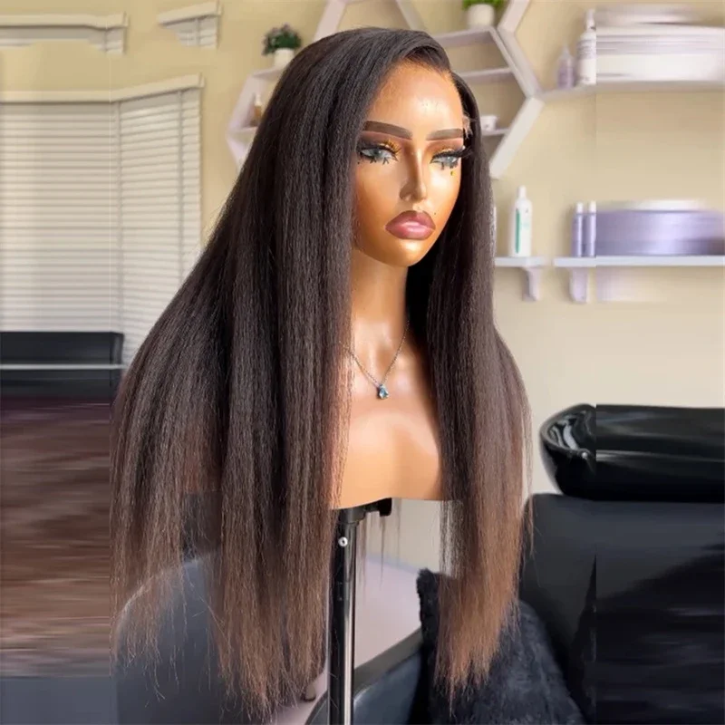 

Long Black Yaki Soft Preplucked 26" 180Density Glueless Kinky Straight Synthetic 13X4 Lace Front Wig For Women Baby Hair Daily