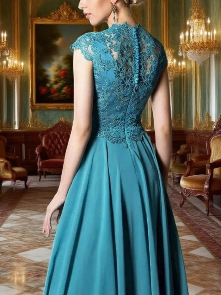 Jurken voor de moeder van de bruid V-hals Kapmouw Kant Applicaties A-lijn Avondjurken Vloerlengte Jurk voor bruiloftsgasten