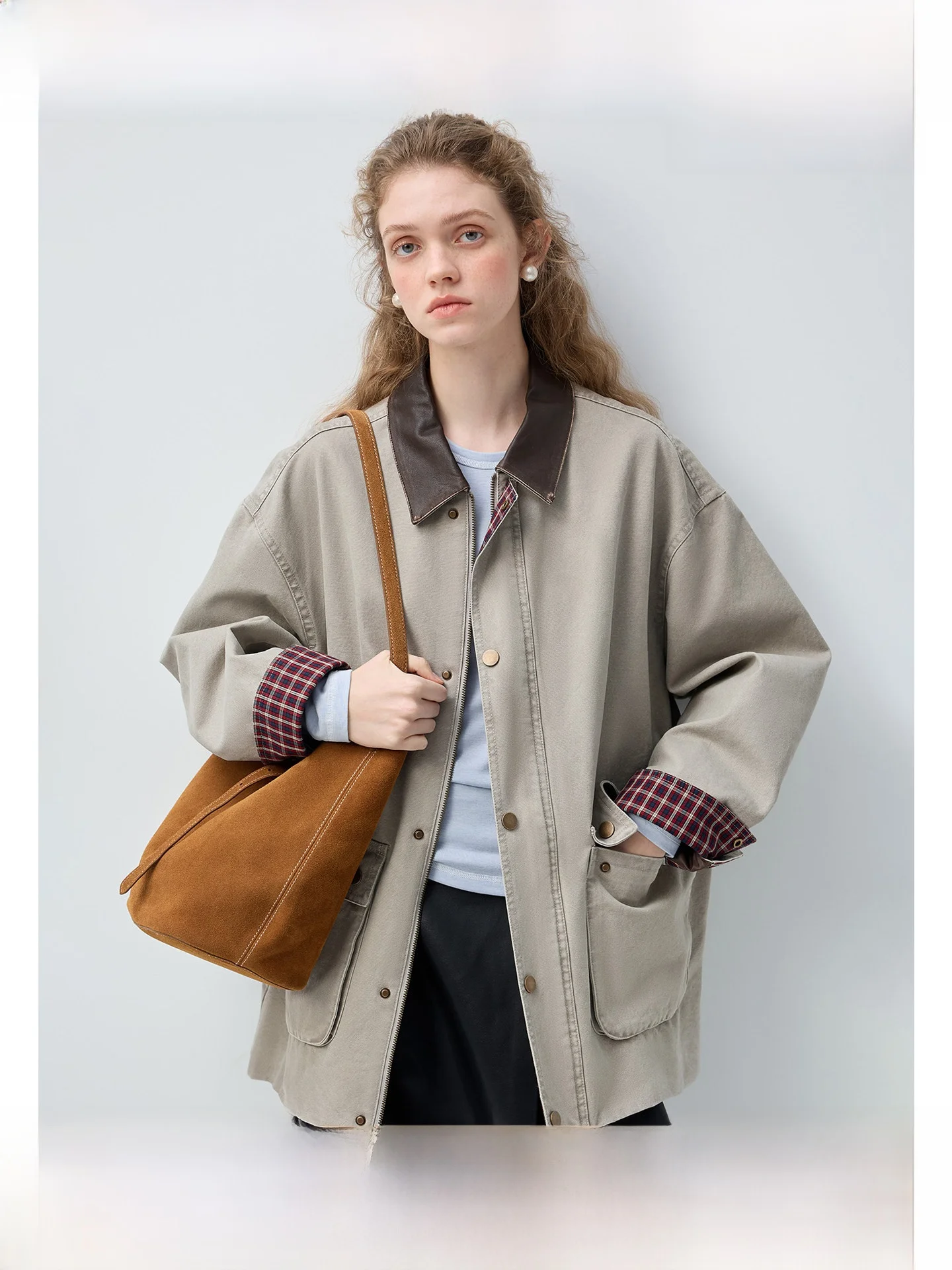 

Женский пиджак VEGA CHANG цвета хаки с кожаными вставками и клетчатым узором, весна 2026, ретро, стильный, свободный крой, для повседневной носки