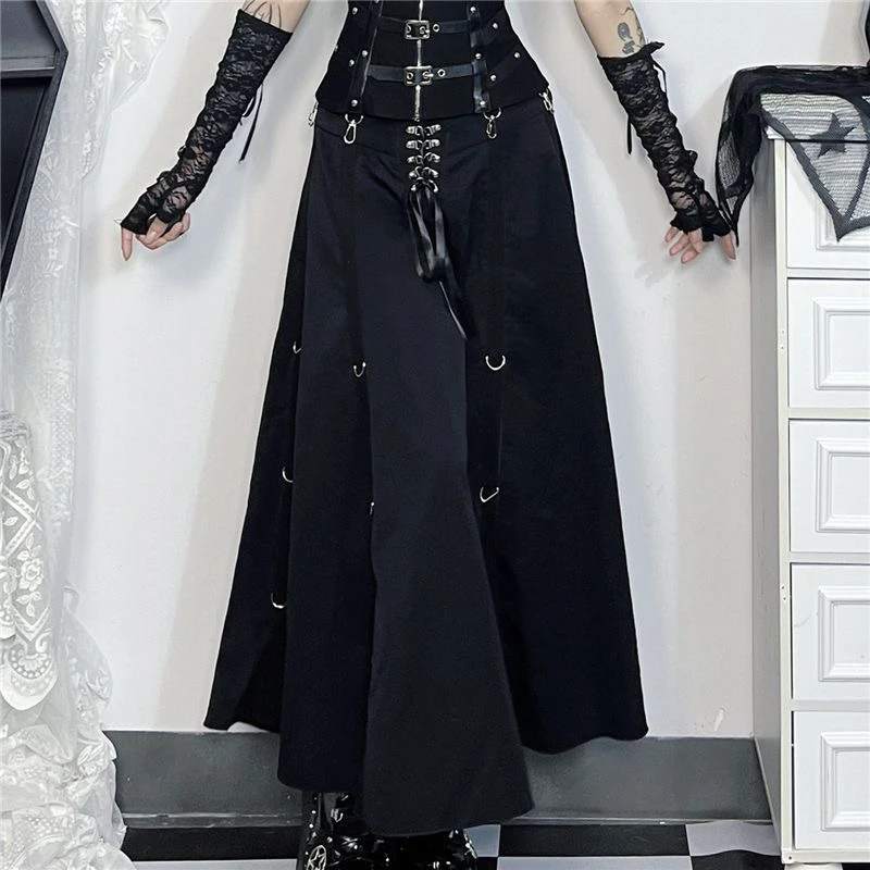 Gothic Style High Waist Half Skirt Music Festival Dancewear Black Long Skirt Two-Way Wear Polyester Fiber Zipper Detail