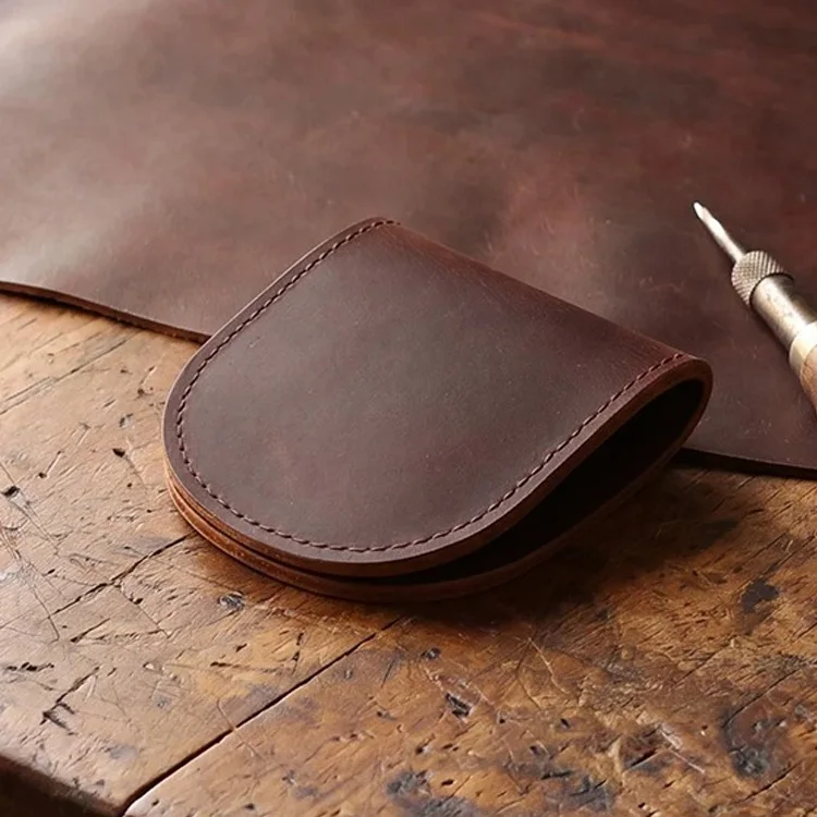 Leather Coin Pouch Mini Change Purse Vintage Crazy Horse Cowhide Compact Pocket Coin Holder Snap Button Small Bag