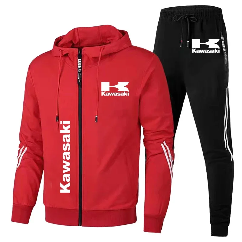 2024 New Men\'s Outdoor Sports Suit Zippered Shirt+pants Hooded Sportswear Kawasaki Men\'s Racing Suit Motorcycle Set