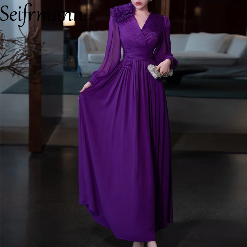 Seifrmann Solid Long Sleeve V-Neck Long Dress For Women Appliques High waist High-End Temperament Party Prom Dresses