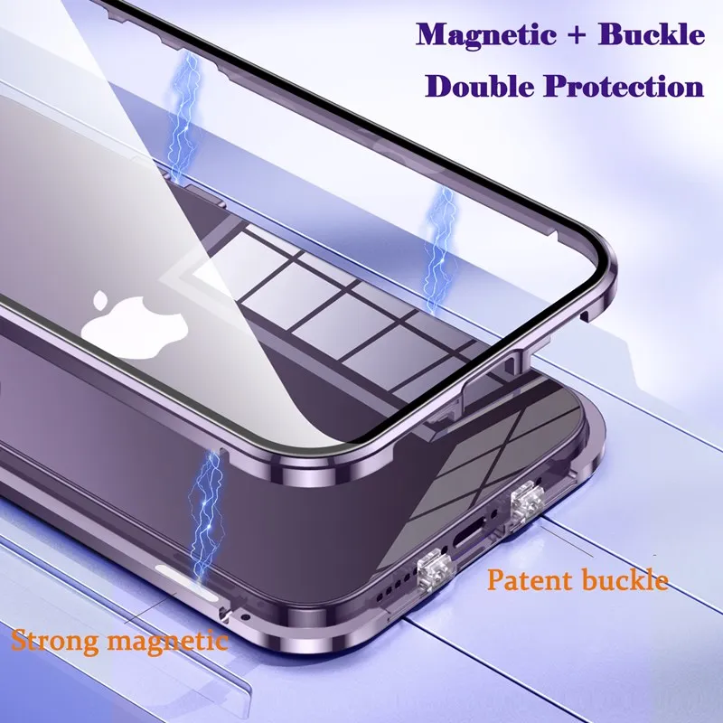 360° Metal Magnetic Double-sided Snap Lock Case For iPhone 16 14 Pro 15 Plus 13 12 11 Pro Max Lens Protection Cover Shockproof