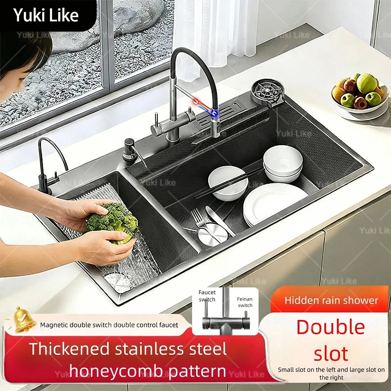 

Кухонная мойка с двумя секциями, из нержавеющей стали 304, многофункциональная, с водопадным изливом, для мытья овощей, встраиваемая под столешницу