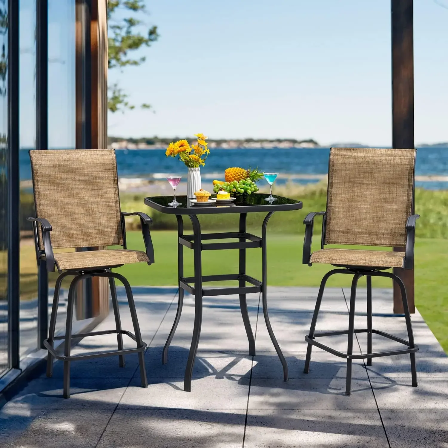 Table de bar et chaises de piste en tissu textilène, ensemble de 3 pièces