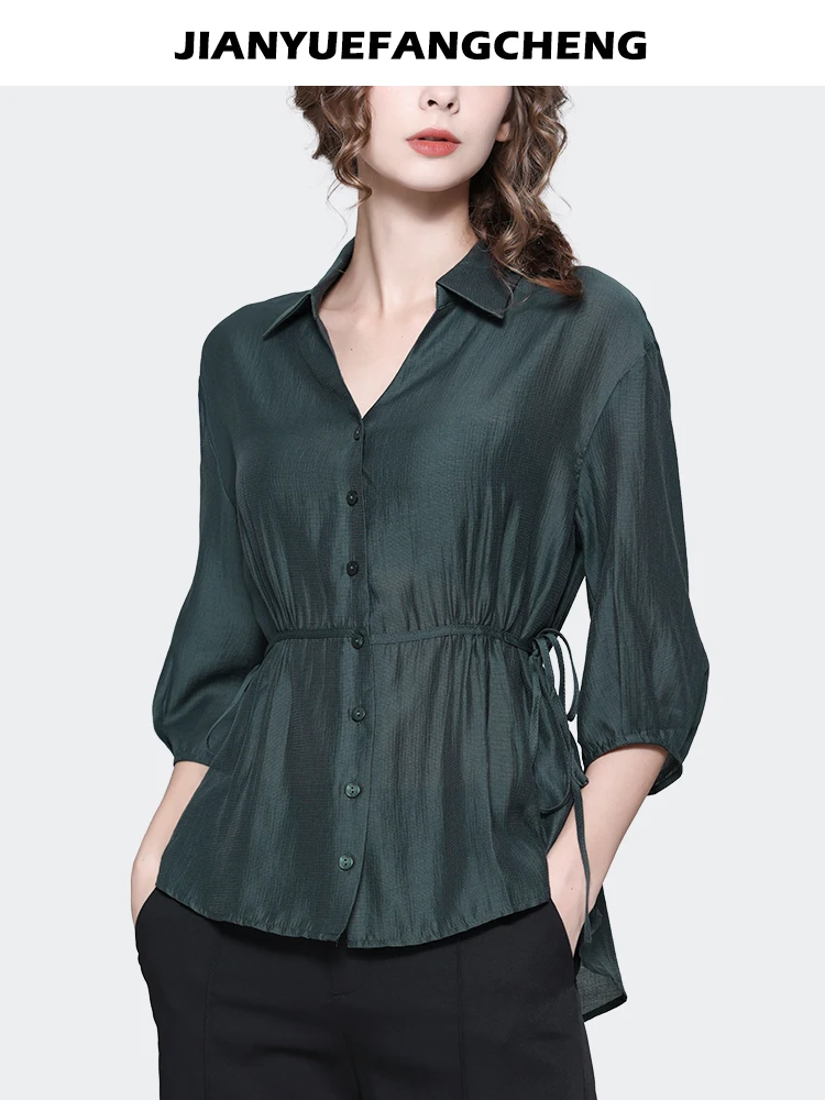 French Style Women Dark Green Shirt 2023 Autumn Long Sleeve V-neck Soft Tencel Tops With Belt Vintage Casual Blouses