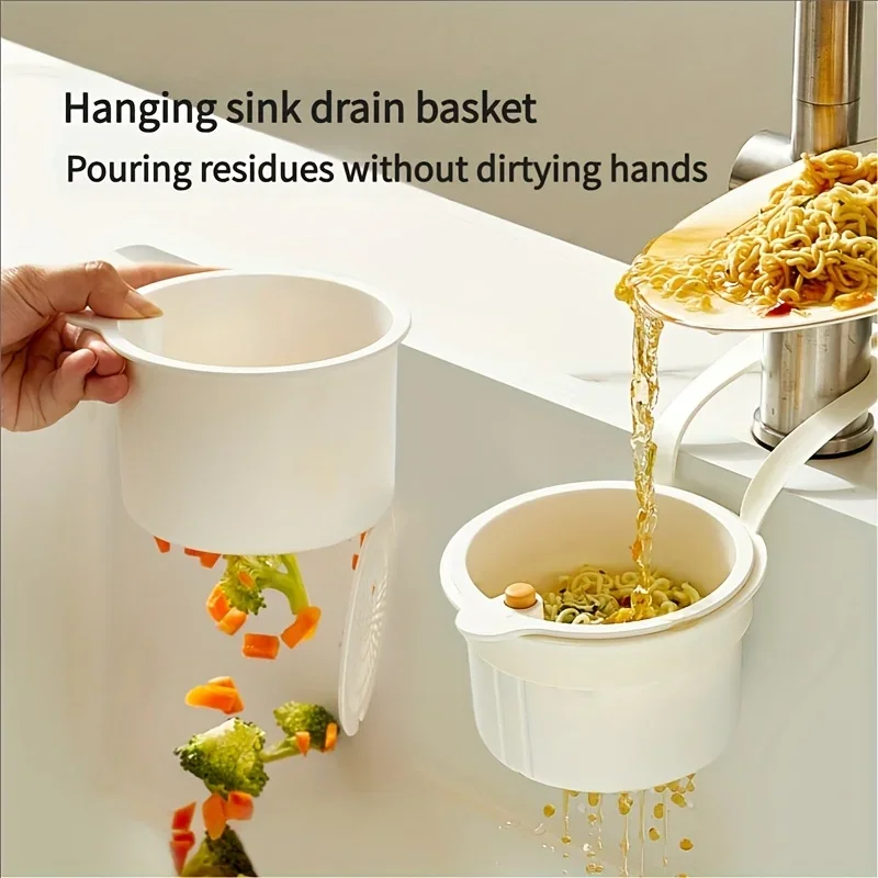 Hanging Sink Basket with Button Drain Split Filter - 1 -Second Install for Kitchen Bathroom Space Saving Durable Plastic Storage