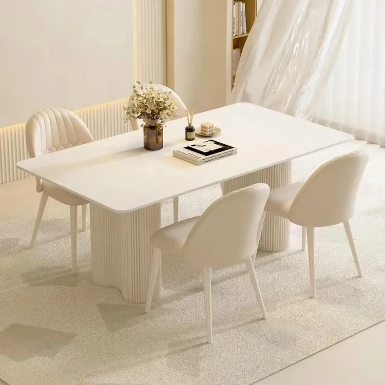 

Cream style table and chair combination, pure white rock slab dining table, small household modern simple light luxury