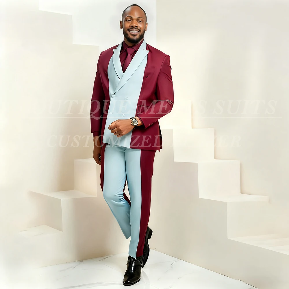 

Мужские костюмы, двубортный облегающий костюм с пиковыми лацканами, комплекты из двух предметов, куртка и брюки, бордовый, синий наряд, высококачественная праздничная одежда, костюм