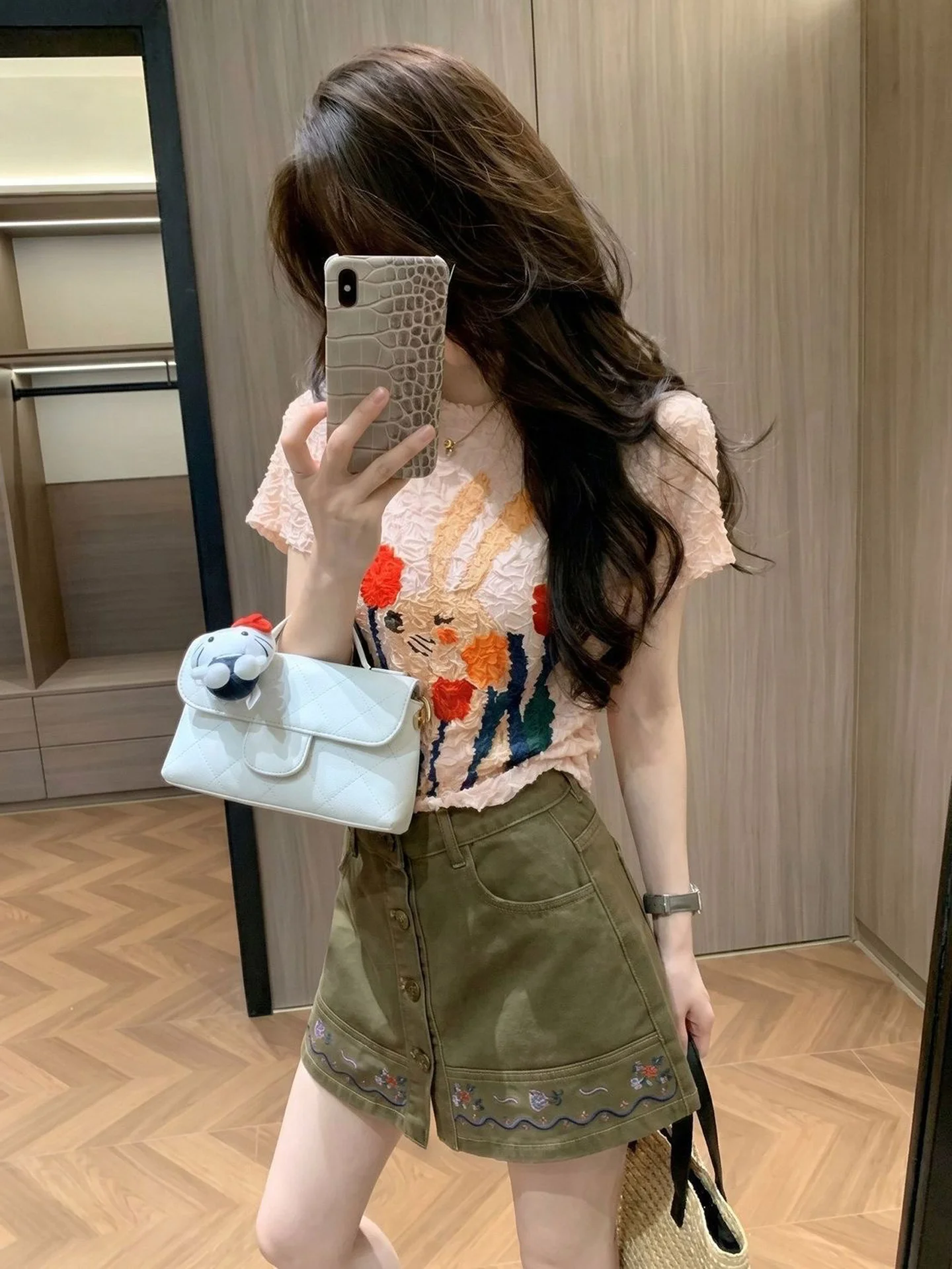 Slimming Print Design Short Sleeve T-Shirt High Waist Embroidered Denim  Skirt Casual European Style Girls Fashion