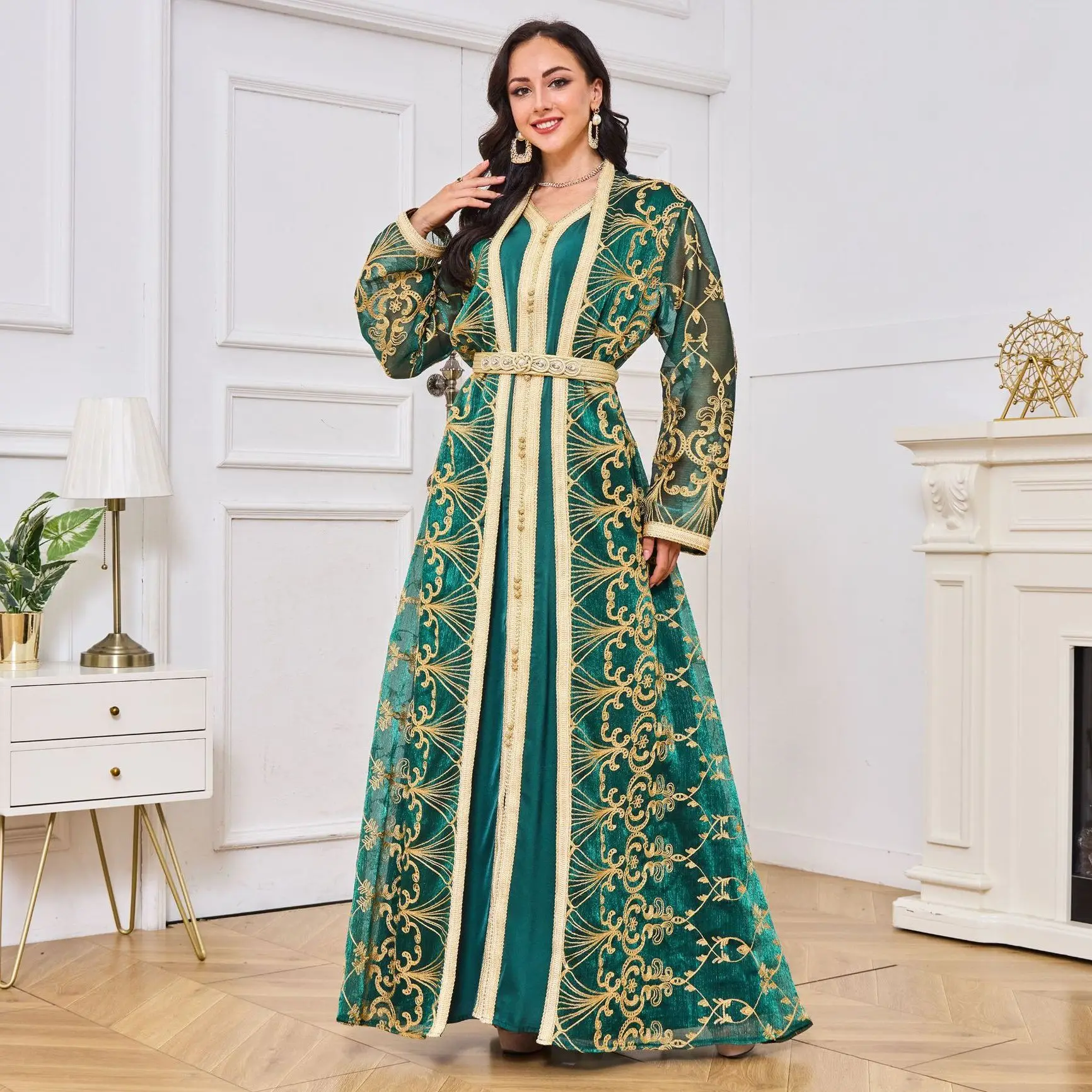 Imagem -05 - Conjunto Tradicional de Kaftan Argelino Feminino Abaya Cintado Vestido Muçulmano do Dubai Bordado Dourado de Luxo de Alta Classe Ramadan e Eid Unid