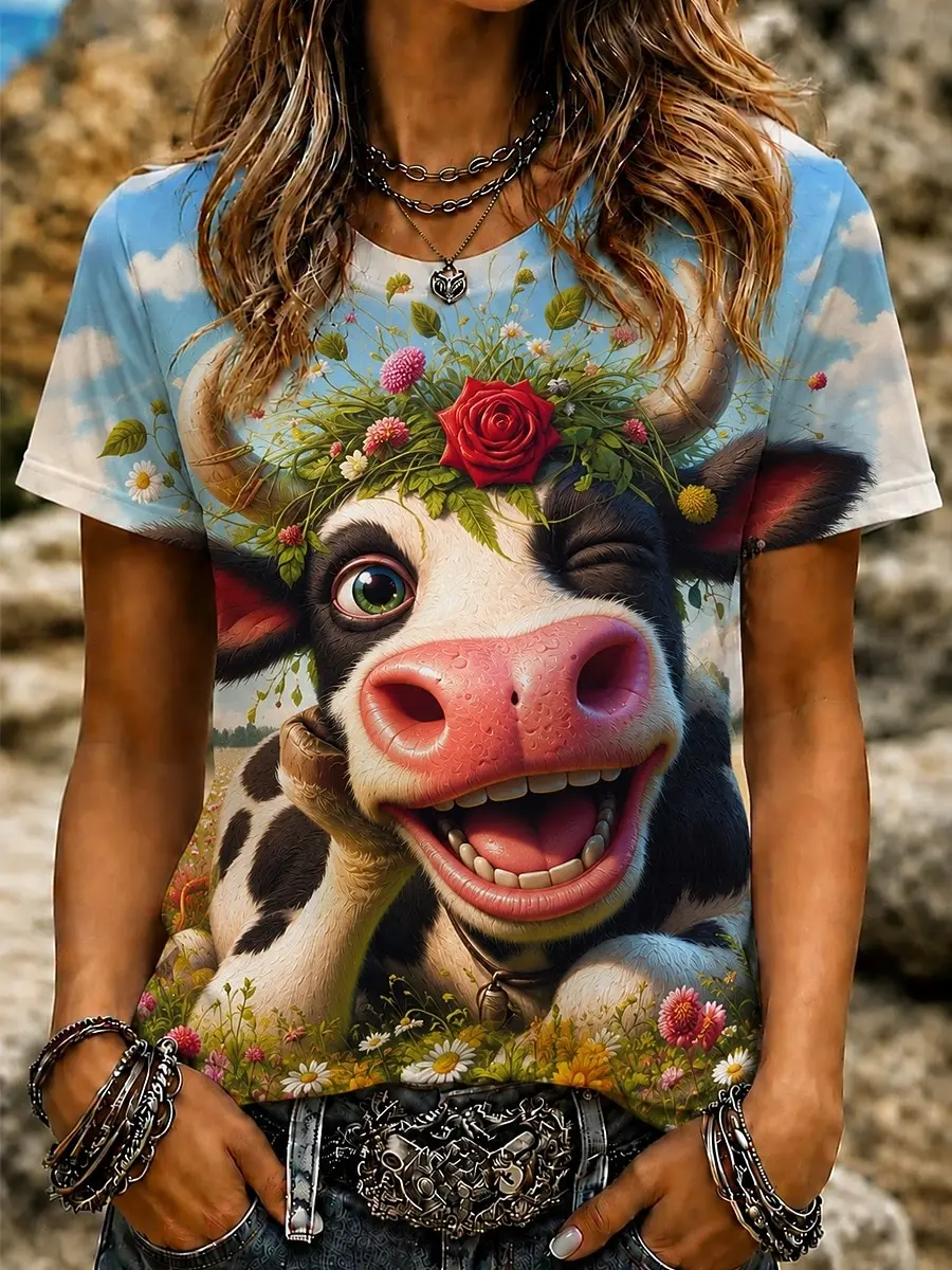 Funny Floral Crown Cow T-Shirt for Women Clothing 3D Funny Animal Summer Tees, Western Cottagecore Female Tops Gift