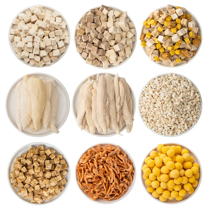 منتج جديد لون يمكن حبيبات الدجاج تجميد وجبات خفيفة للقطط المجففة بطة الدجاج الثدي سمك القد كلب وجبات خفيفة