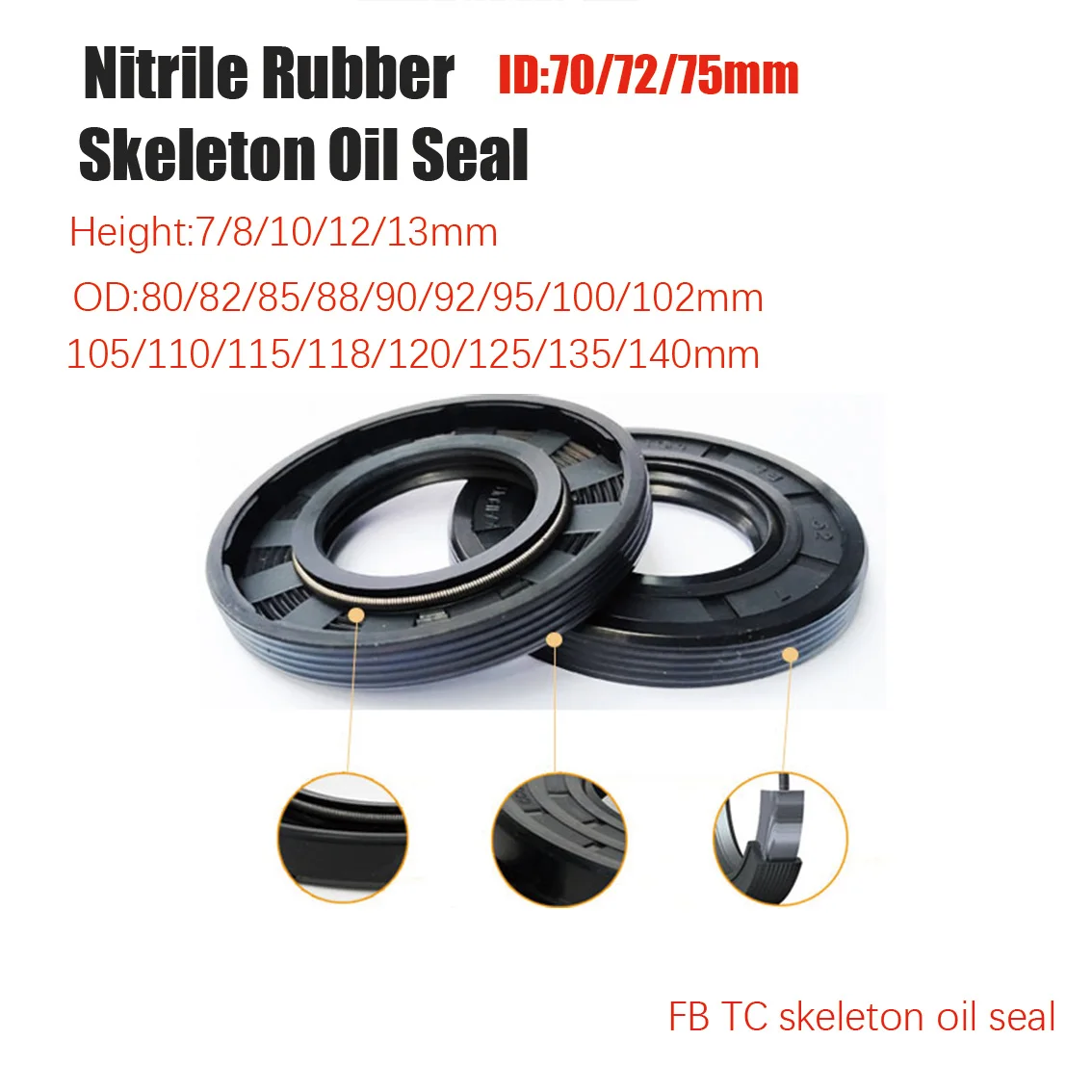 ID 70/72/75mm NBR TC/TG4  Skeleton Oil Seal OD 80-140mm Height 7-13mm Nitrile Rubber Shaft Double Lip Oil Seals Black Seal Ring