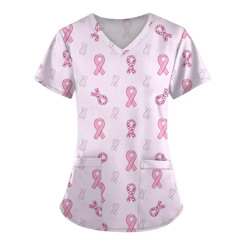 Damen-Krankenpflegehemd mit rosa Schleifendruck, kurzärmelig, VNurse-Uniform mit Taschen für klinische Arbeit. – Detail 2