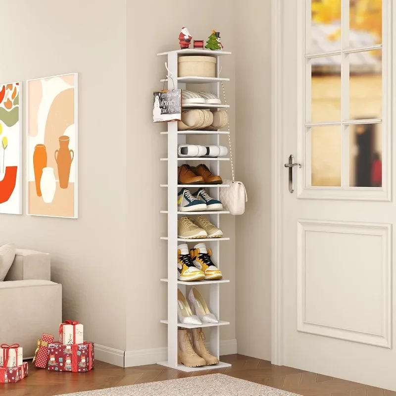 

10-Tier Vertical Shoe Rack, Corner Shoe Tower, Slim Shoe Organizer with Two Hanging Hooks
