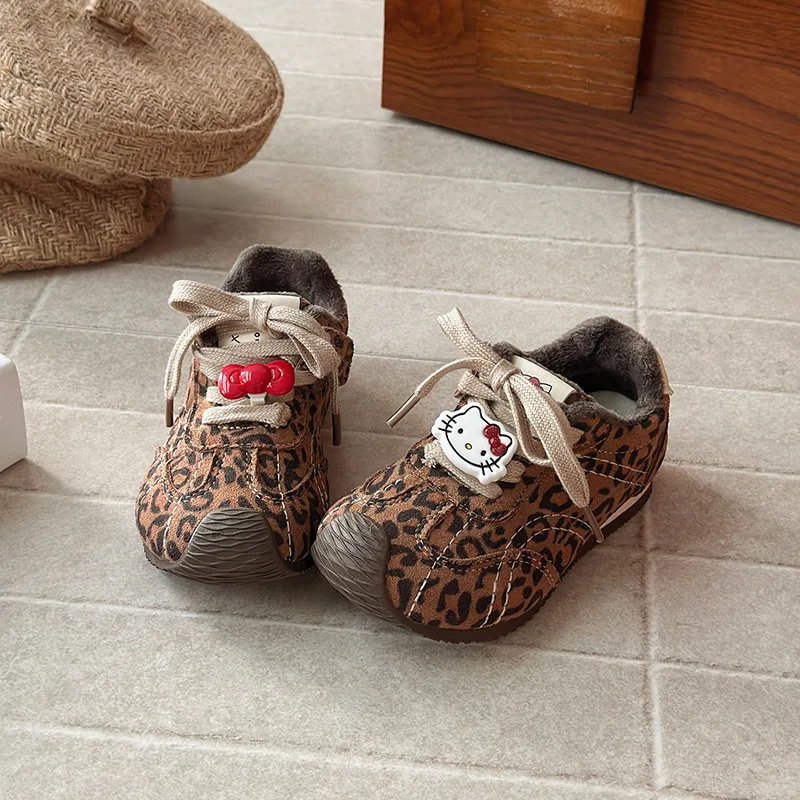 Winter Girls Sneakers Leopard Print Fleece Lined Warm Kids Shoes Comfortable Casual Children Trainers Non Slip Toddler Sneakers