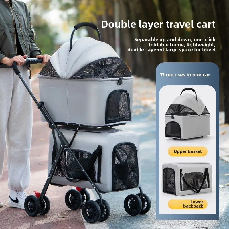 Small and Medium Pet Cart Separate Dog and Cat Cart Outdoor Lightweight Upper and Lower Layers Pet Strollers