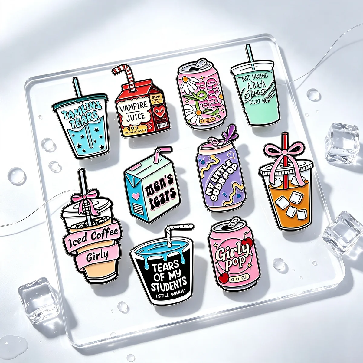 10Pcs Drink Brooch Iced Coffee Juice Quote Metal Enamel Pins Set Badge on Backpack Clothing Accessories Jewelry Gift for Friend
