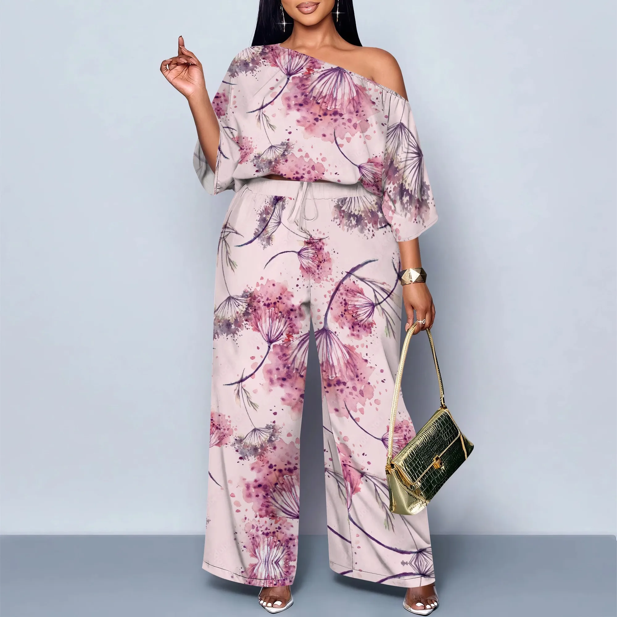 

Women's Leopard Floral Two Piece Set Off Shoulder Teal Wide Leg Party Evening