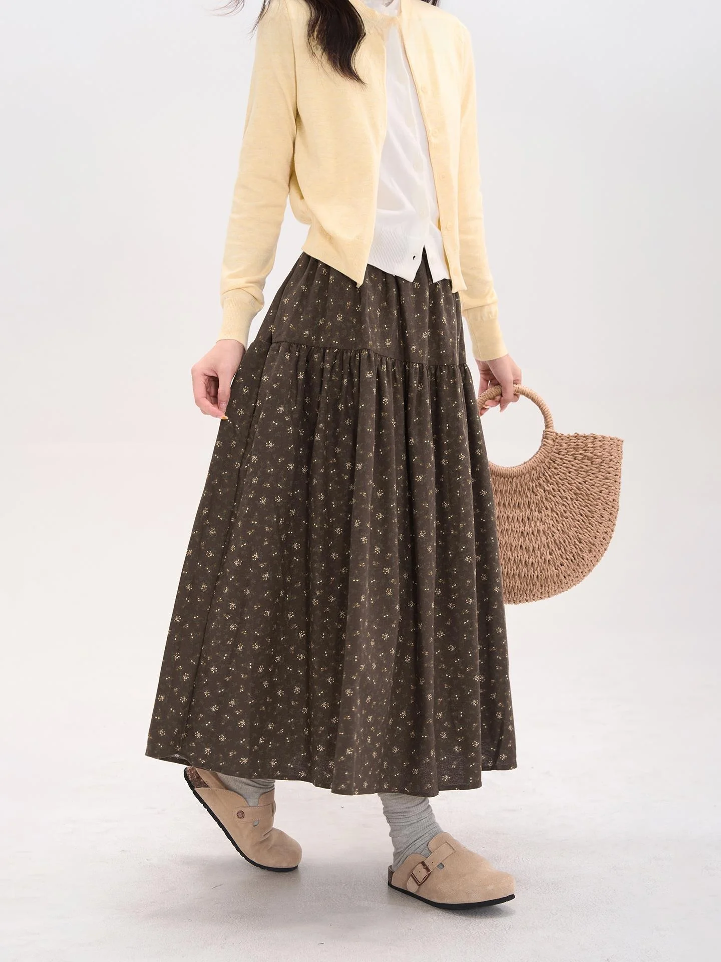 Coffee Floral Print Half-length Skirt Women's Casual Vintage Felted Wool Gentle Forest System Long Skirts City Walk A-line Skirt