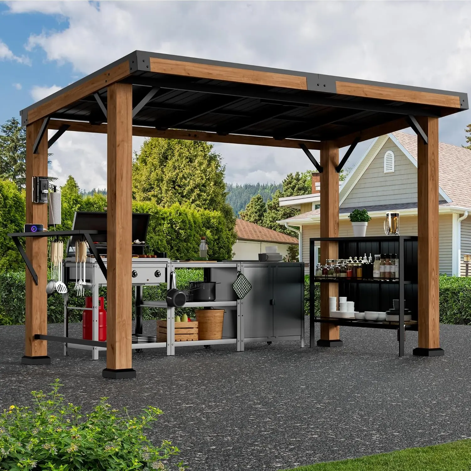 Modern Shade Grill Gazebo 6' X 12', Cedar Wood Gazebo with USB and USB-C Charging Ports, Outdoor Bar with Galvanized Steel Roof,