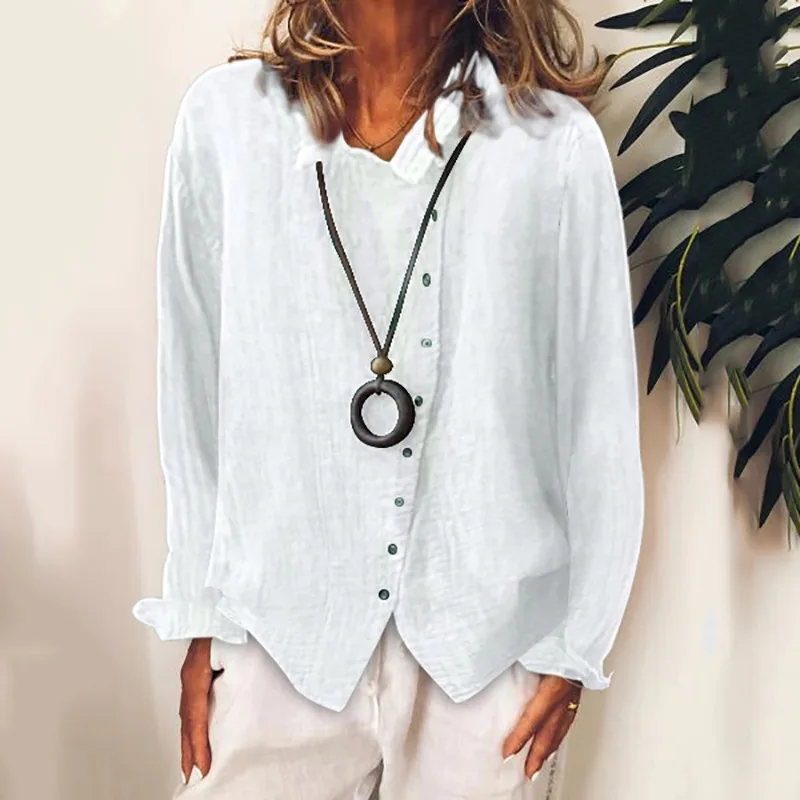 Spring Summer Women's Long-sleeved Shirt Solid Color Loose Elegant Fashion Simple Thin Top Basic Versatile Lapel Button Pullover