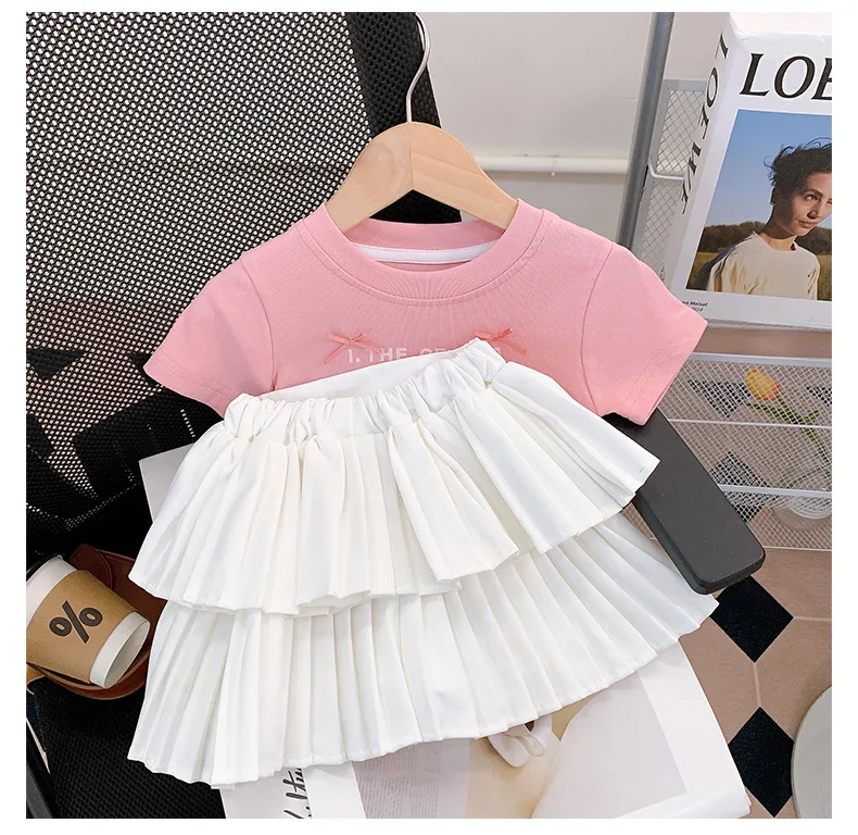 Summer 2024 Children Girls Bow Short-sleeved T-shirt + Pleated Skirt 2PCS Clothing Sets Letters Tops Skirt Clothes Suits