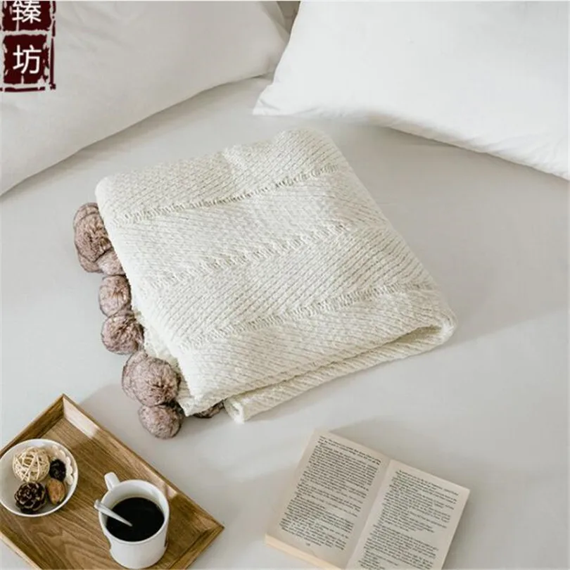 Knitted Blanket Nordic Style Sofa Throw Blankets Fur Pompom Bedspread Thread Blanket Bedding Quilt Soft Mantas Travel Blankets