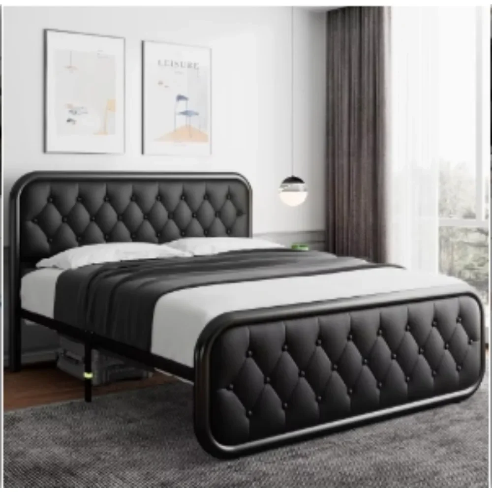

Metal Bed Frame with Leather Headboard, Heavy-Duty Platform Bed Frame, Thicker Metal Steel Slats Support, 12'' Under-Bed Space