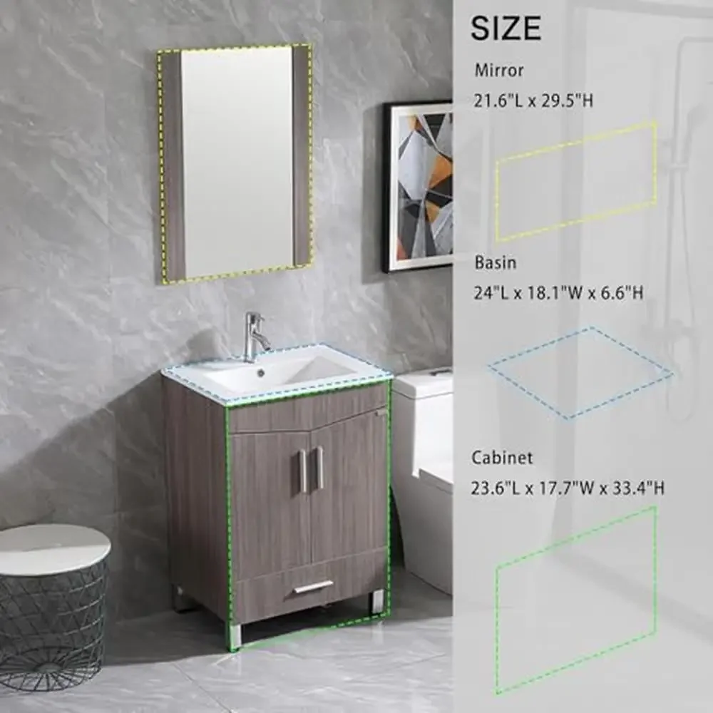 Bathroom Vanity Set Combo 24" Sink Cabinet Mirror Storage Durable Ceramic Vessel Chorme Smooth Surface High-definition Imaging