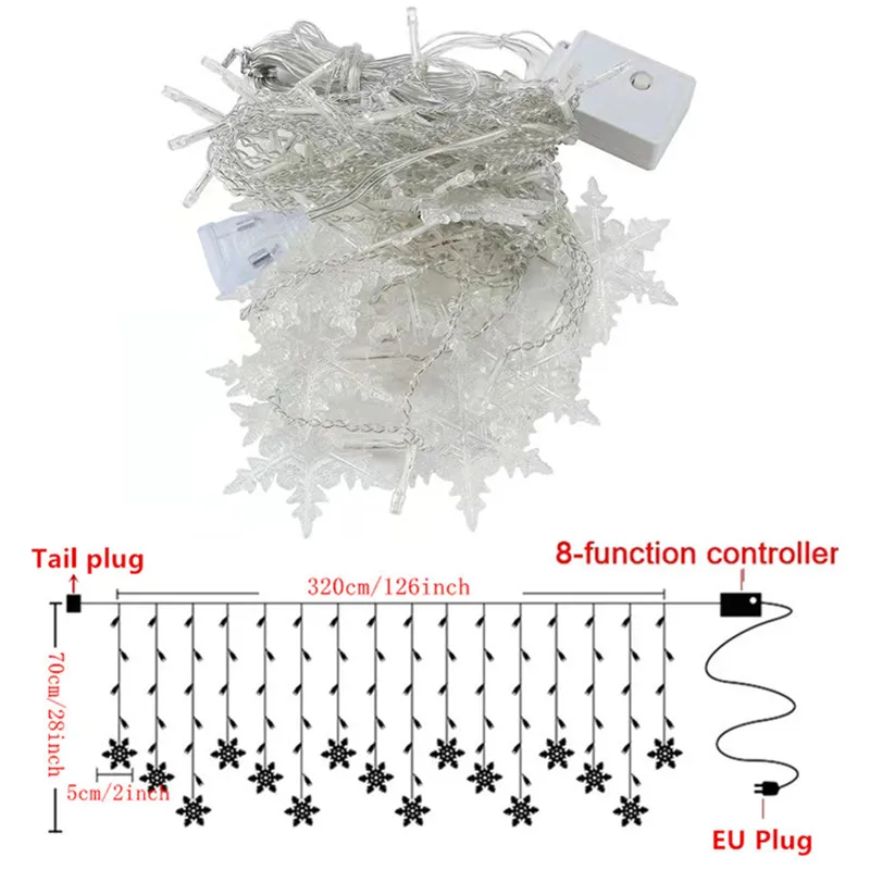 220V EU Plug LED Christmas Snowflake String Light 8 Modes Ice Pillar Curtain Light Street Garden Indoor Decorations for Home