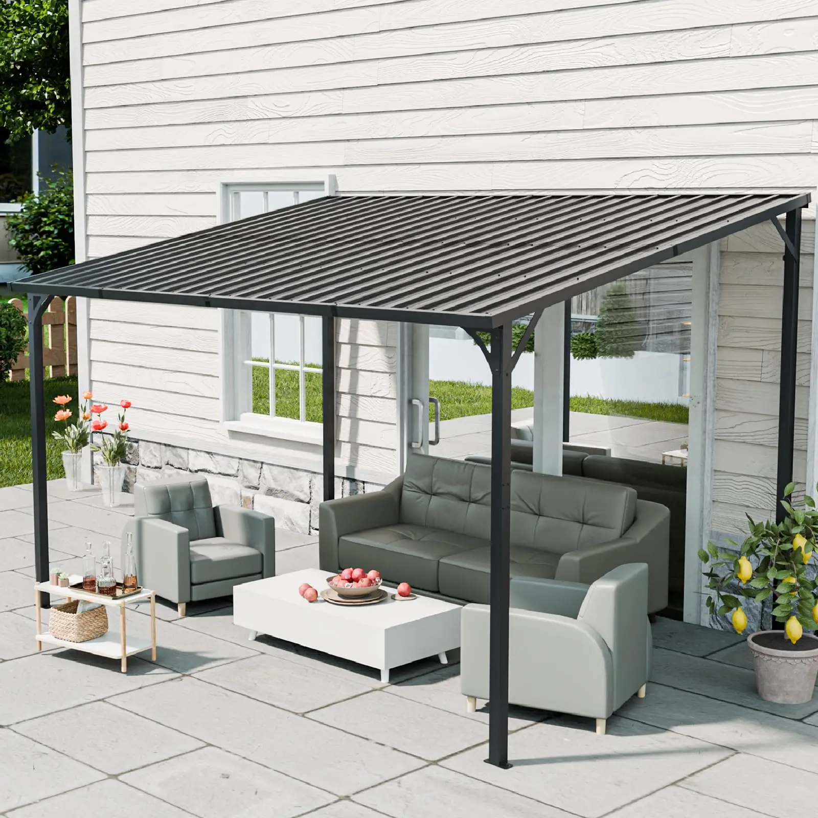 8x12 Ft Gazebo Outdoor, Hard Top Lean to Grill Gazebos Pergola with Roof, Backyard Waterproof Patio Covers for Shade &