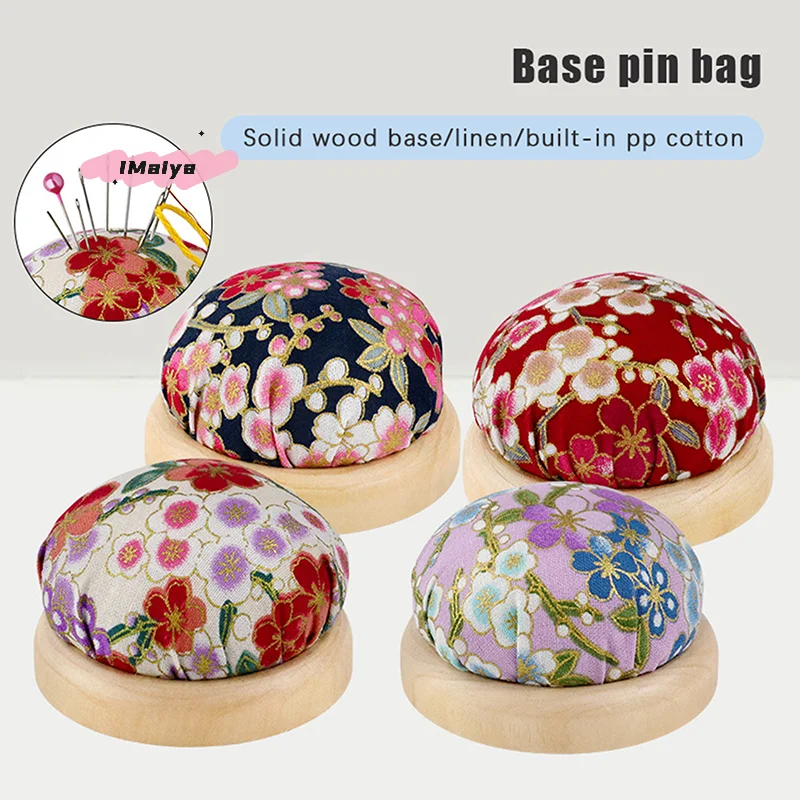 M-1PC Vintage Flower Embroidery Pin Cushions Half Round Pin Pad With Wooden Base Needle Holder For DIY Craft Sewing Accessories