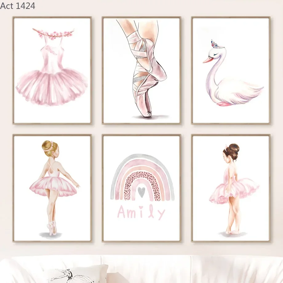 Pink Ballet Girl Swan Butterfly Rainbow Name Custom Wall Art Canvas Painting Posters And Prints Picture For Baby Kids Room De